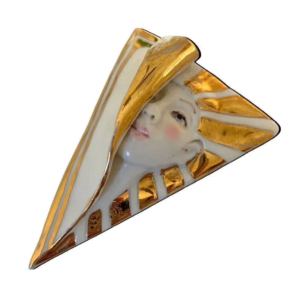 Vintage Artisan Ceramic Lady Face Brooch
